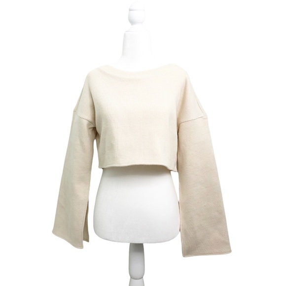 Choosy Elsa Cream Cropped Slouchy Slit Bell Sleeve Boxy Sweater Size Small - Picture 9 of 16